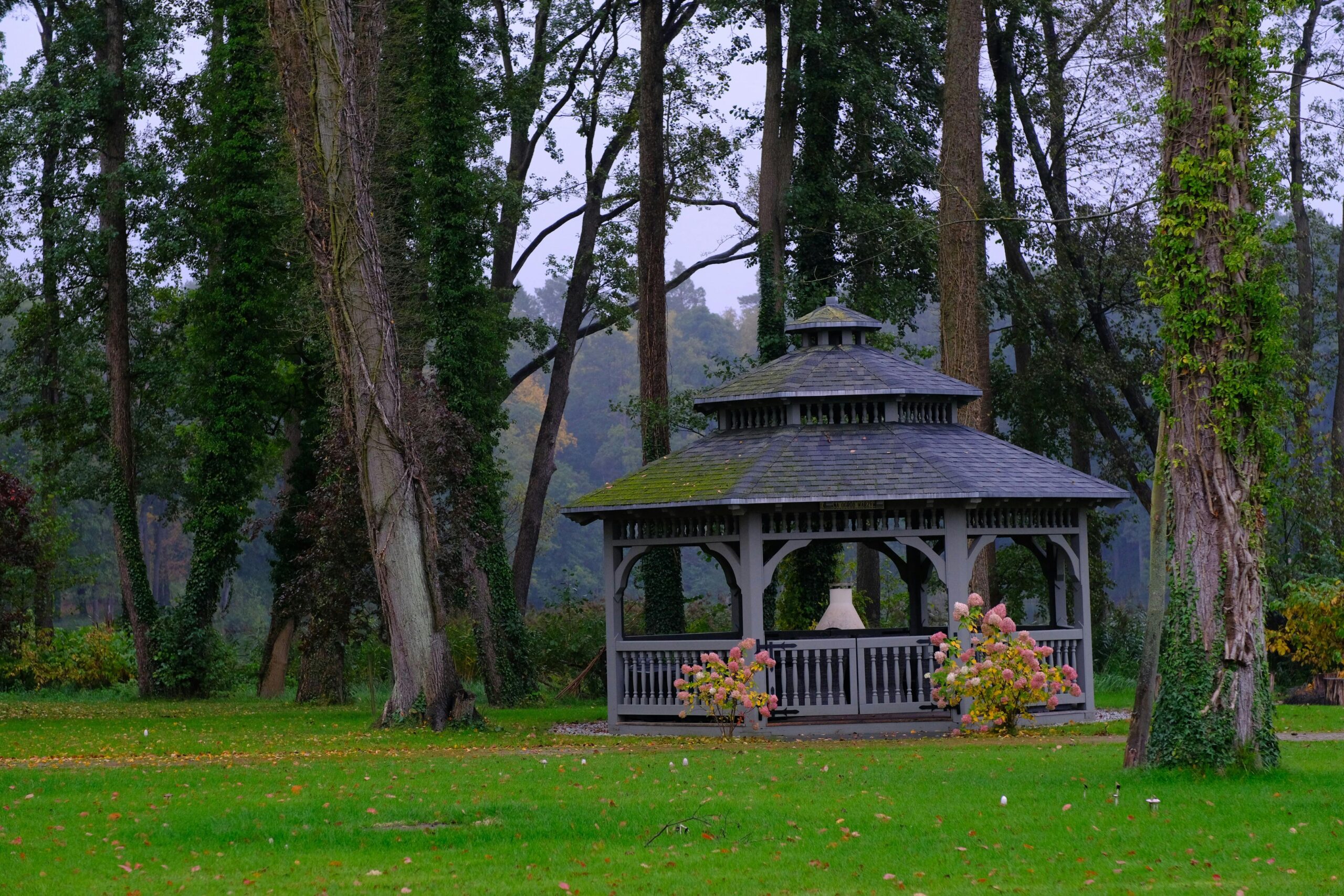A picturesque wooden gazebo surrounded by tall trees and lush greenery in a tranquil park setting.